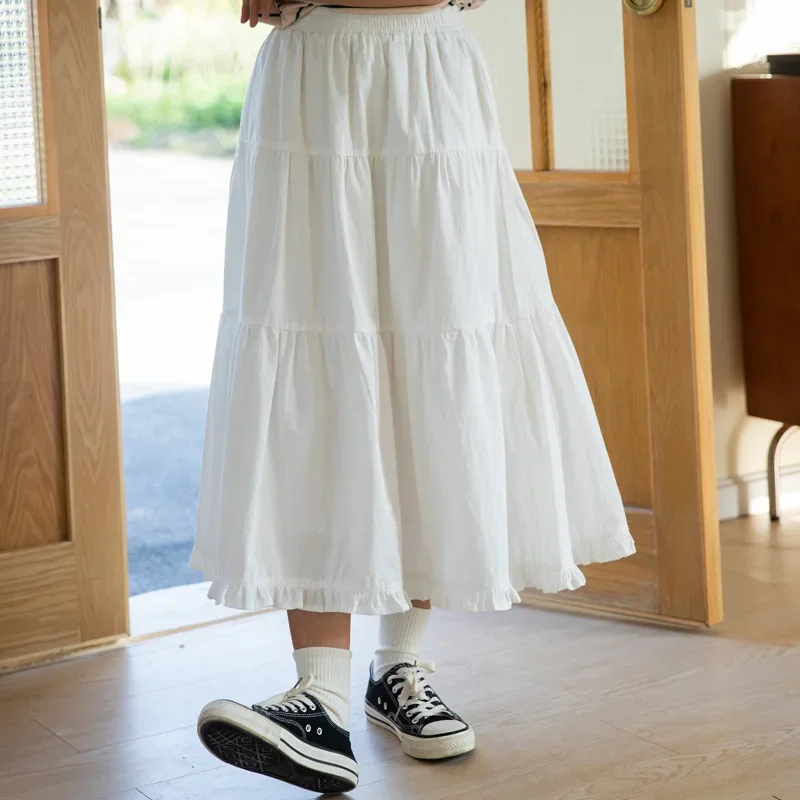 Japanese Style Sweet Vintage White Ruffles Pleated Long Skirts for Women Summer High Waisted A-line Fairy Cute Cake Maxi Skirt