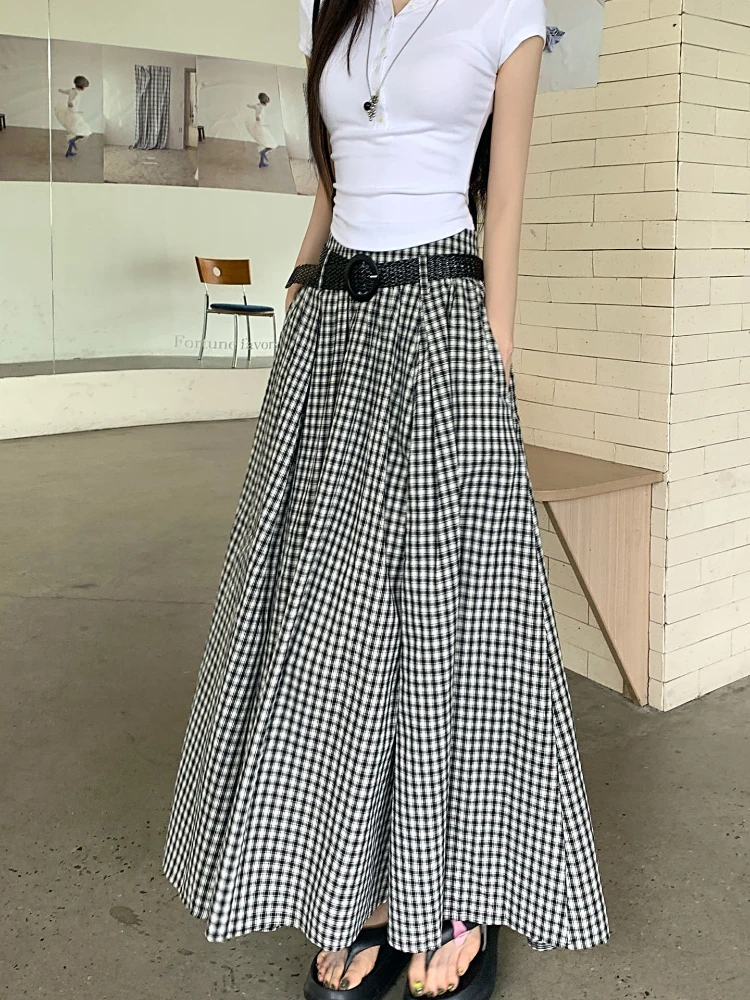 High Quality Black and White Skirt with Belt Korean Fashion High-waisted  A-line Skirt Female Elegant Pleated Long Faldas New