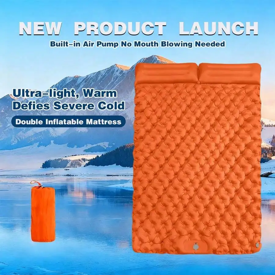 Double Ultralight Nylon TPU Self-Inflating Sleeping Pad, Lightweight Camping Air Mattress With Built-In Air Pump, Includes Pillo