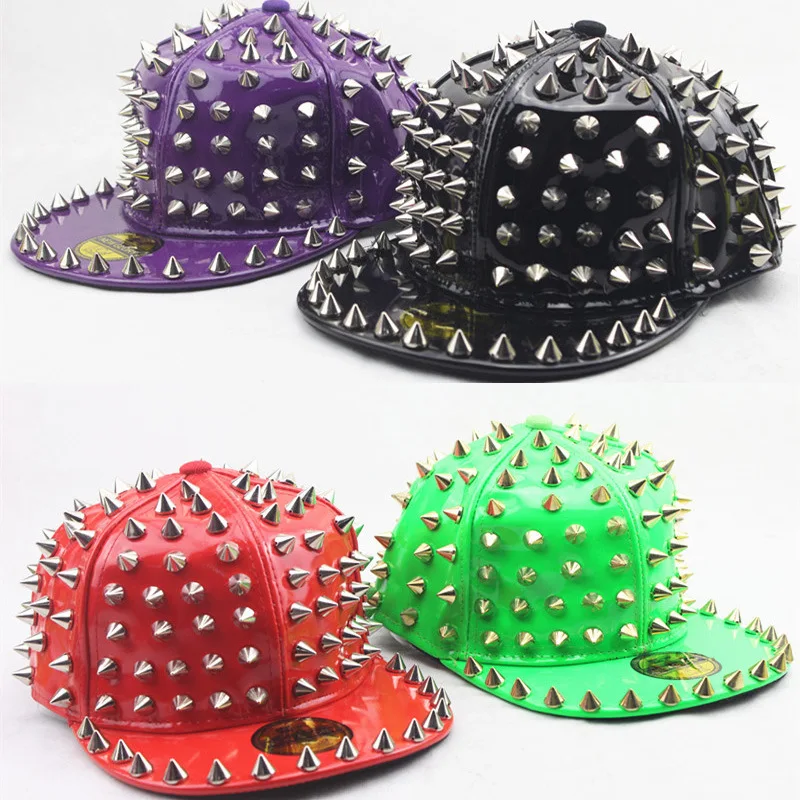 

Punk Style Metal Rivet PU Leather Baseball Cap for Men Women Trendy Spiked Hip Hop Hat Stage Performance Party Flat-brim Hat