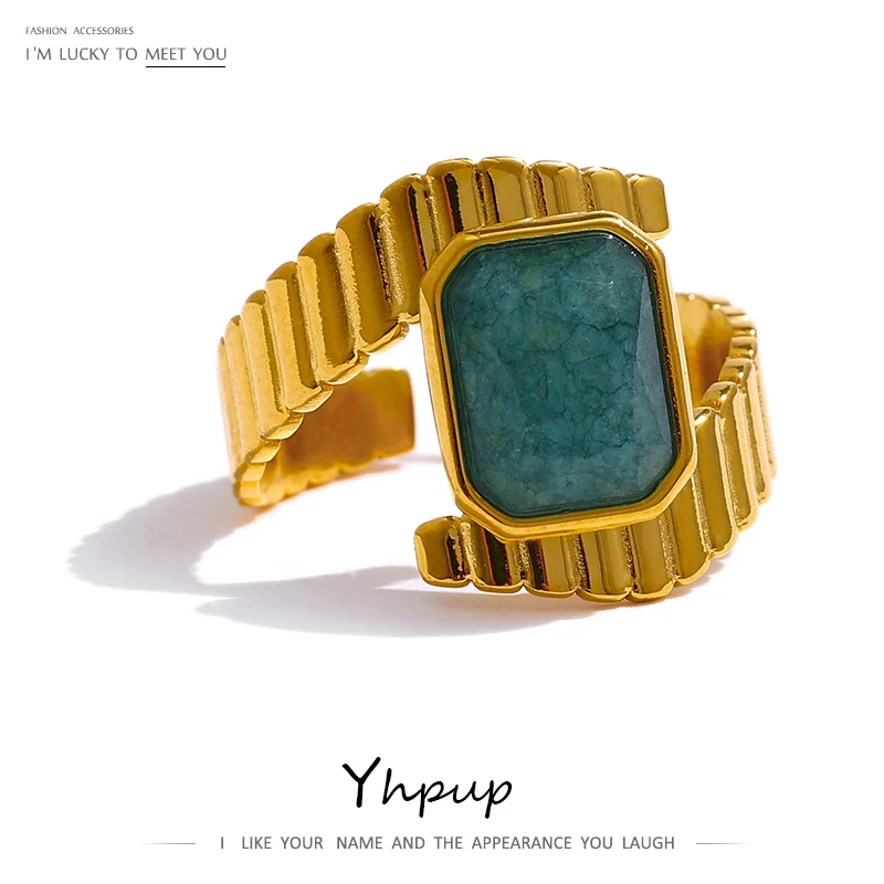 Yhpup Stainless Steel Blue Apatite Ring Statement Metal Golden Opening Texure Waterproof Jewelry Joyería Acero Inoxidable Mujer