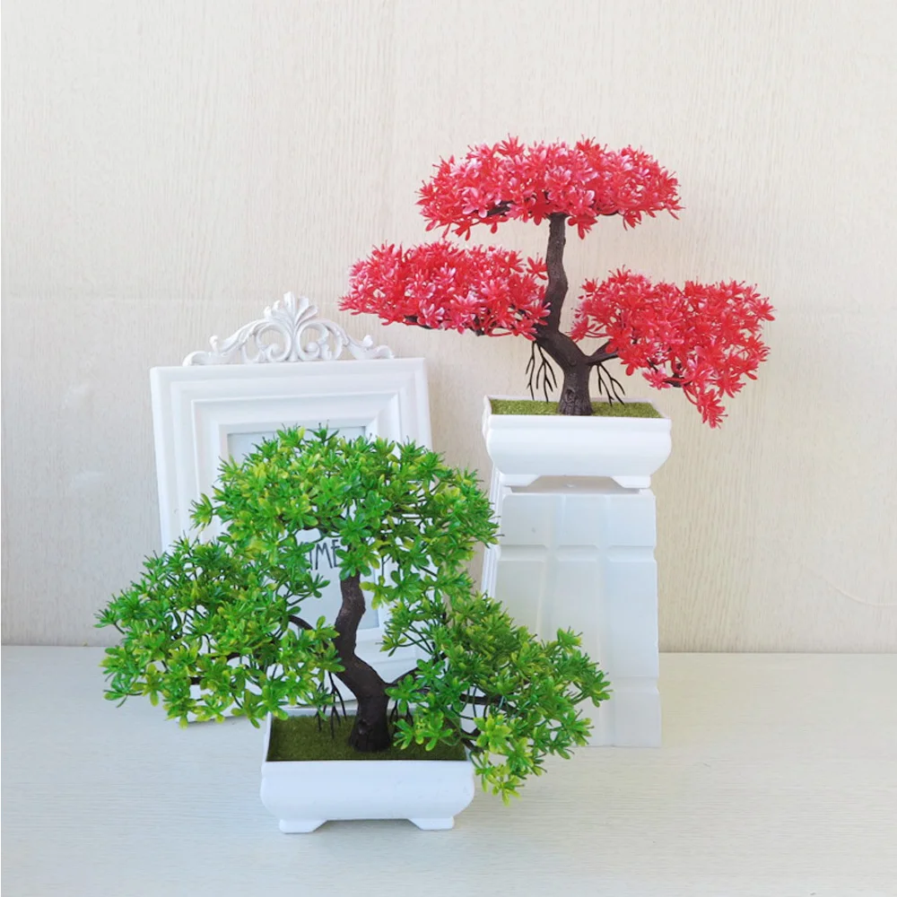 Potted Plastic Guest Greeting Pine Tree 3 Branches 18.5cm Green For Iris Orange Red Purple Red Yellow Realistic Fake Flower For