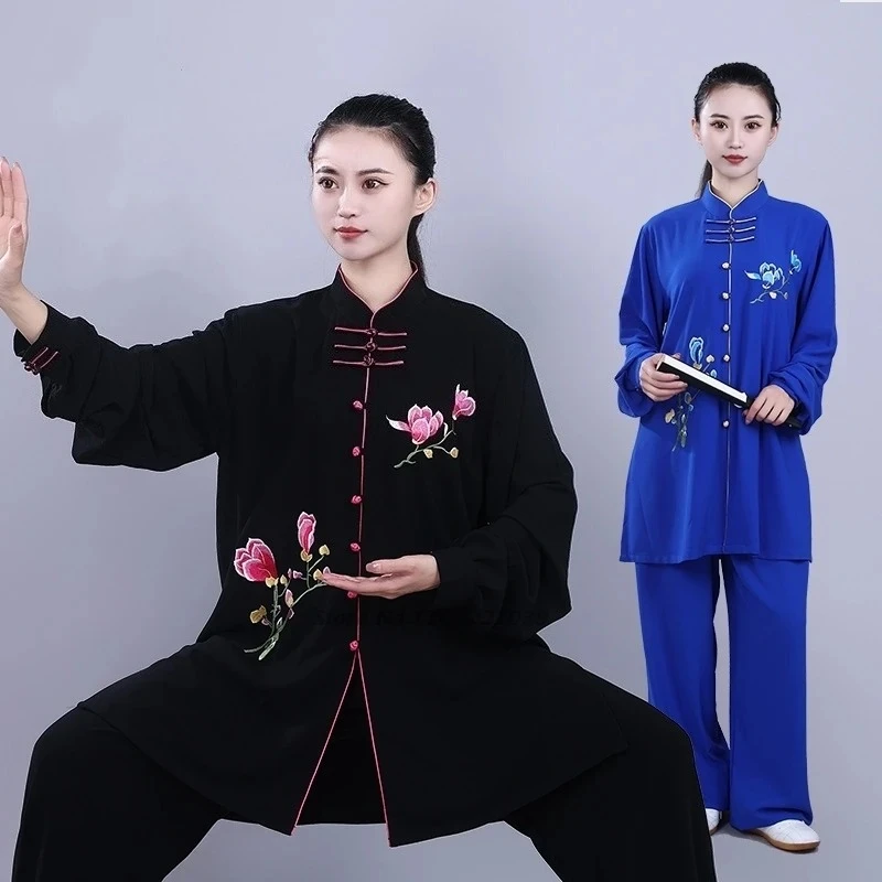 

chinese tai chi uniform wushu taiji morning exercise tops+pants set flower embroidery stage performance kungfu tai chi set