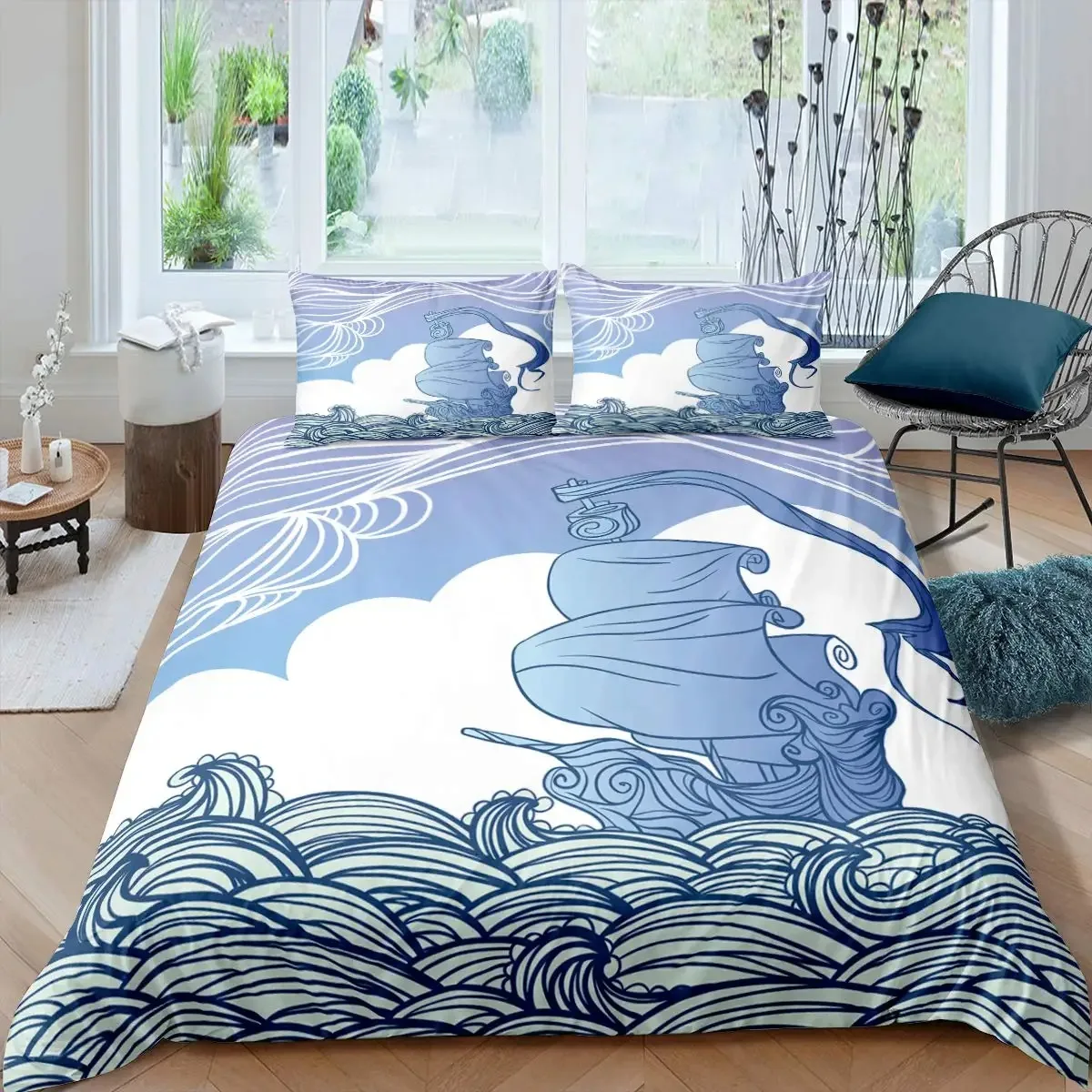 

Nautical Sailboat King Queen Duvet Cover Coastal Sailing Boat Bedding Set Sea Adventure Comforter Cover Polyester Quilt Cover