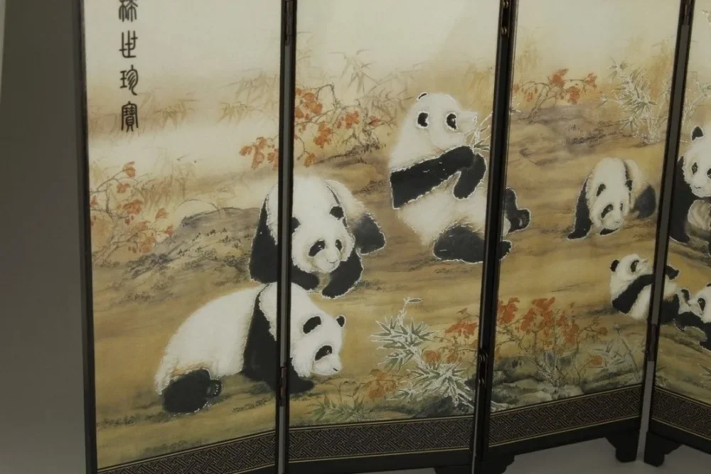 ( Mini ) Exquisite Chinese Classical  Lacquer Painting Folding Screen - Cute Pandas