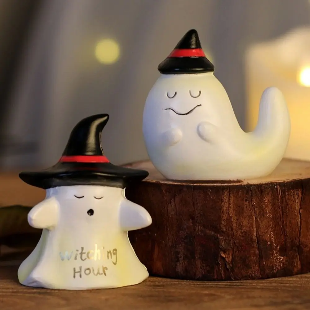 Creative Resin Halloween Ghost Figurine Mini Cute Ghost Witch Hat Figurine Decorative Witching Hour Ghost Ornaments Fireplace