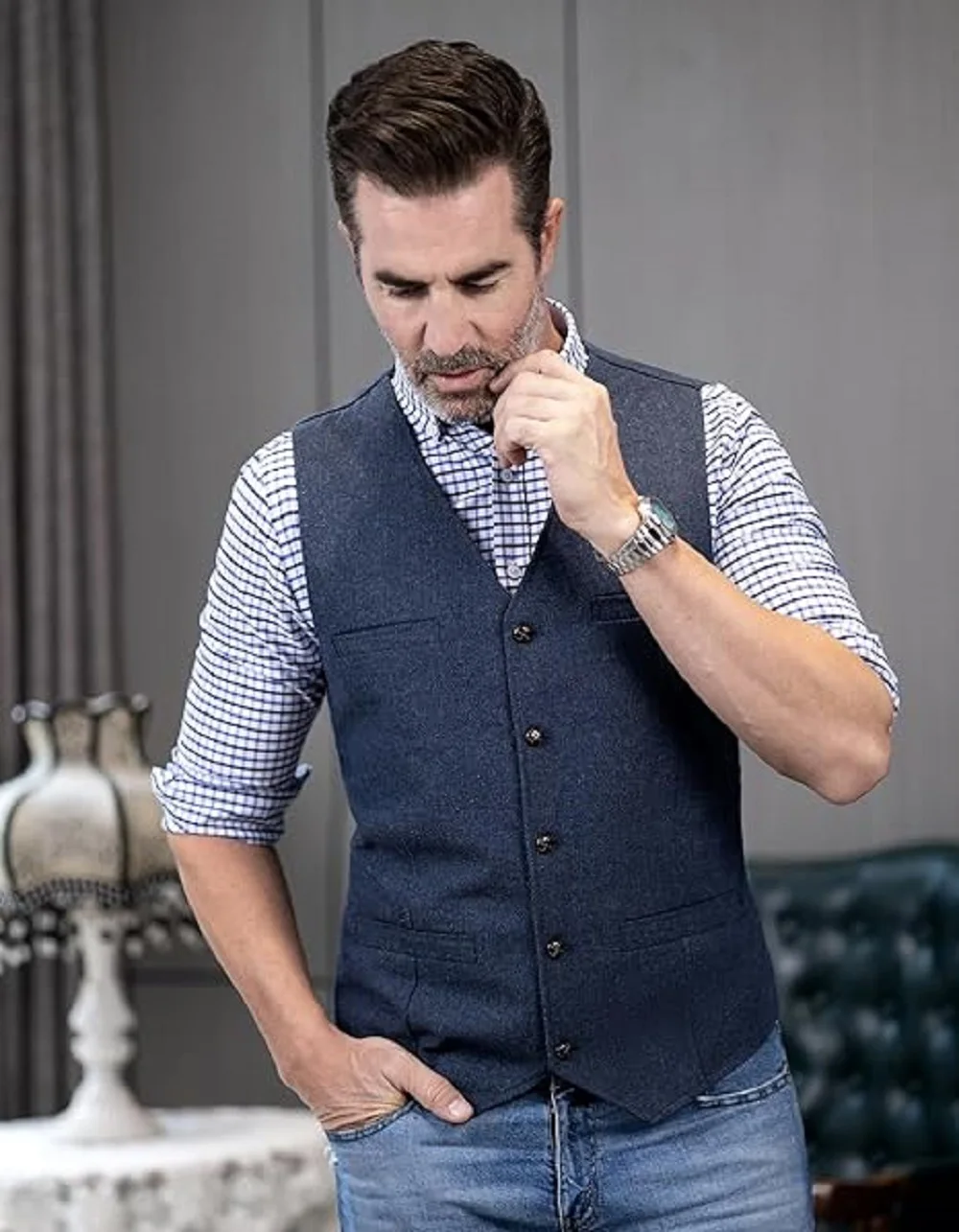 Men's Suit Vest Tweed Retro V Neck Wool Single Breasted Vests for Men Male Gilet Mens Formal Man Clothing High Quality Brand