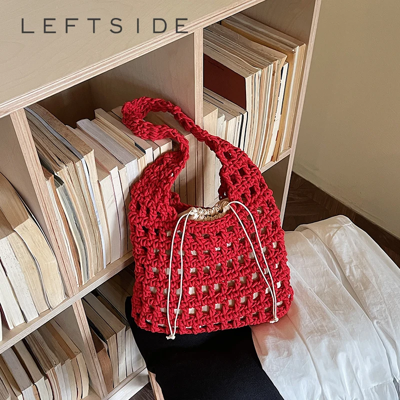 Women's Crochet Hollow Woven Drawstring Shoulder Bag Casual Retro Aesthetic Daily Shopping Travel Handbag 2026 New Hobo Bags