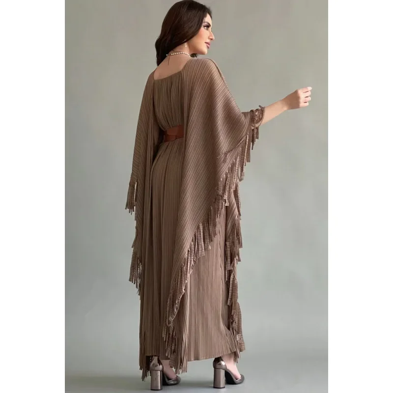 Miyake Pleated Dress Women 2023 Spring New Shawl Tassel Fake Two Lace-up Loose Long Dresses For Women Party Clothes