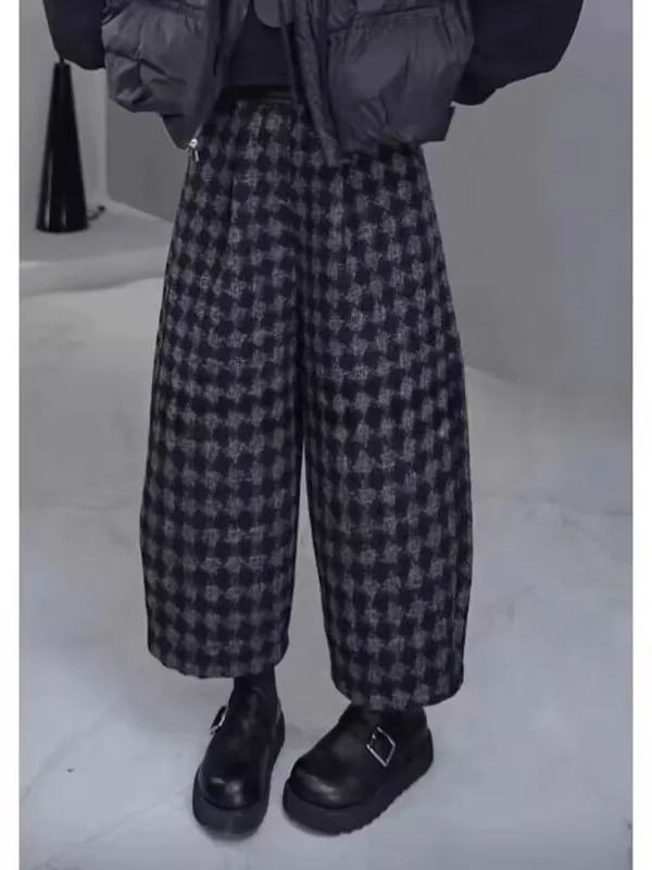 

Шерстяные брюки в клетку в стиле ретро с высокой талией, утягивающие повседневные девятиточечные шаровые брюки для женщин больших размеров, осенние модные универсальные брюки