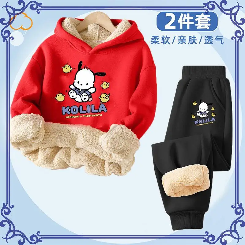 حار سانريو فتاة Scasualweatsuit Pochacco Kawaii أنيمي الشتاء طالب Keepwarm 2 قطعة مجموعة مريحة سماعة ملابس الأطفال جديد #5