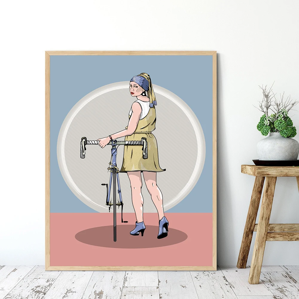 Funny The Girl with A Pearl Earring Bike Canvas Painting Portrait Posters and Prints Wall Art Picture for Living Room Home Decor