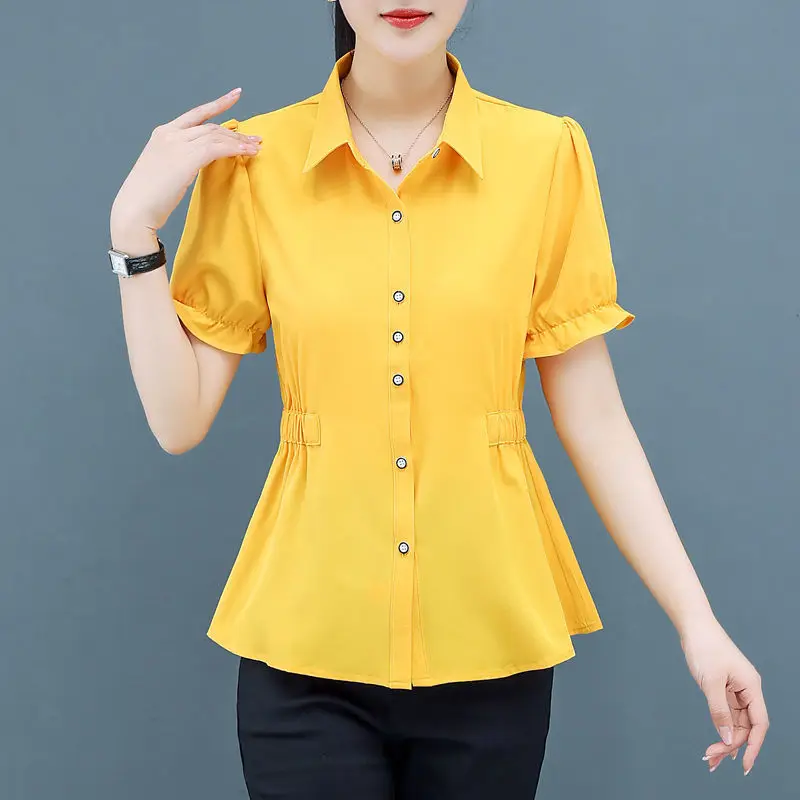 Office Lady Solid Color Shirt Fashion Shirring Waist Female Clothing Casual Turn-down Collar 2024 Summer Single-breasted Blouse