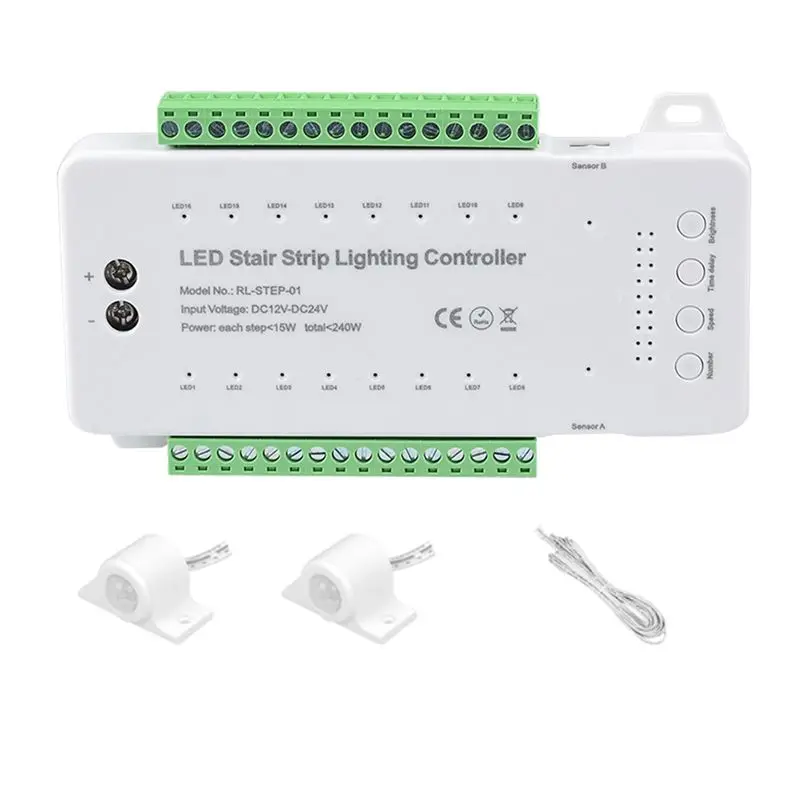 AS60-Stair LED Motion Sensor Controller DC12V 24V 16Channels Indoor PIR Night Light Dimmer For Stairs Flexible Strip