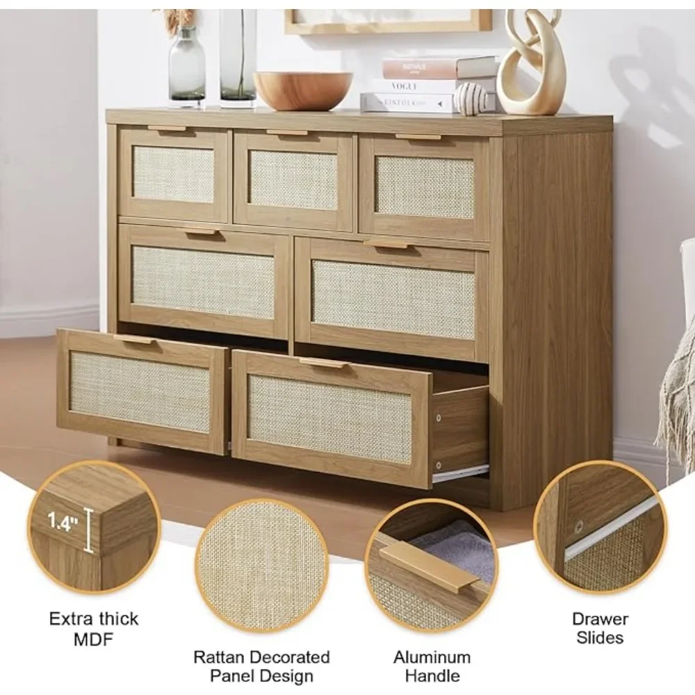 Kommode mit 7 Schubladen, Rattan-Kommode, TV-Ständer für Schlafzimmerschrank, Kommoden aus Holz mit Metallgriff und breiten Schubladen