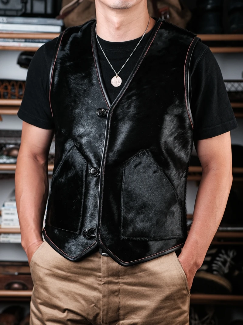 

Кожаный жилет из австралийской воловьей кожи в западном стиле с натуральным мехом, пуговицами из бычьего рога, лимитированная серия, с подкладкой, V-образный вырез