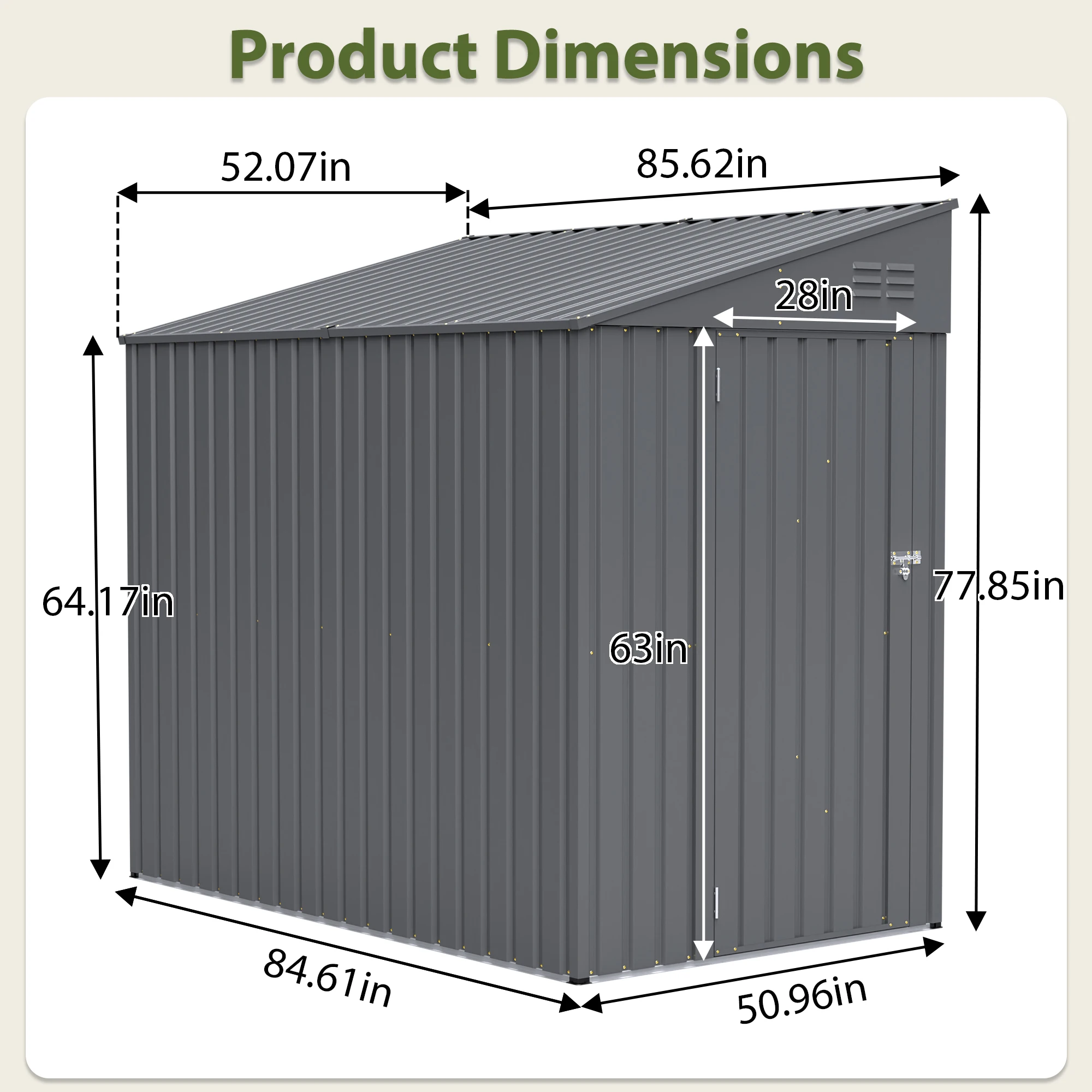 4x7 FT Lean To Metal Storage Shed Lockable Door Heavy Duty Galvanized Steel Vented Sloped Roof Garden Tools Bikes Weatherproof 3 Colors