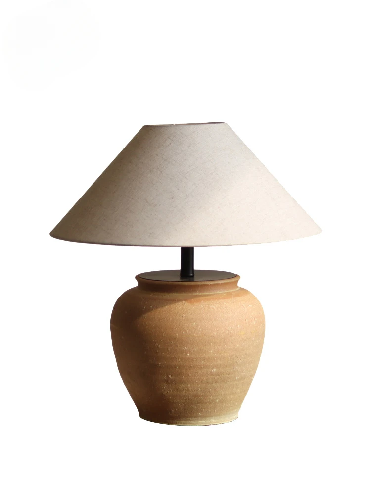 Beige clay pot lamp, round pottery  bedside lamp, side lamp, table desktop decorative