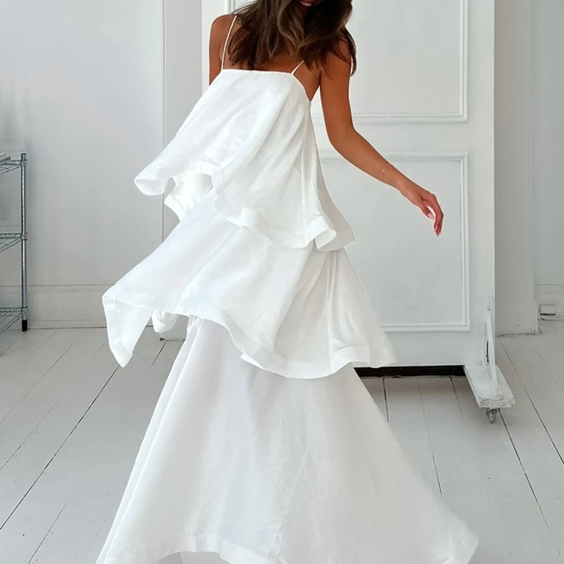 Moda chique cor sólida um ombro vestido de festa sexy em camadas plissado verão estilingue vestido verão casual branco vestido longo