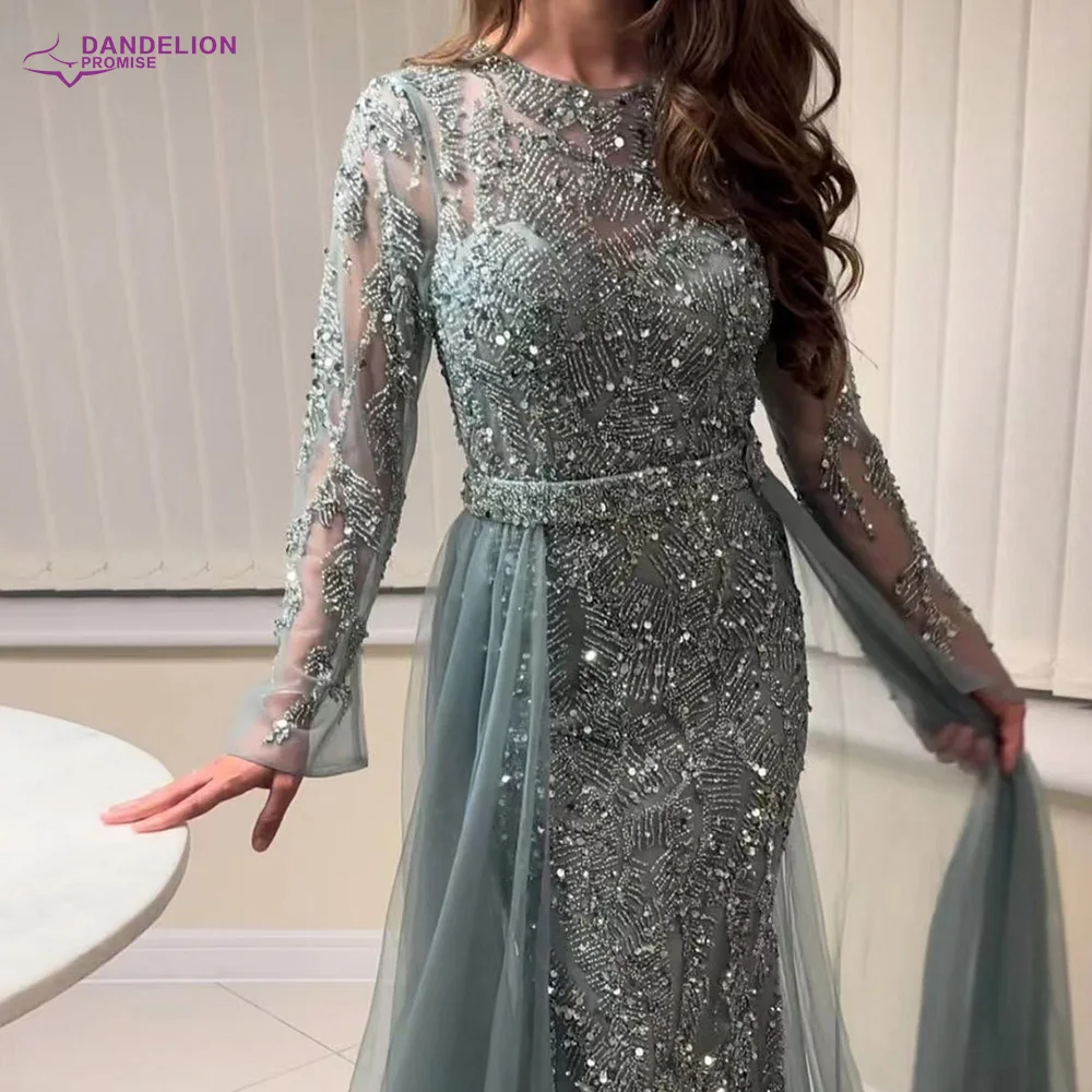 Vestidos de Noche árabes con cuentas y mangas largas elegantes de sirena de lujo, sobrefalda de tul con cuello redondo, vestidos para fiesta de boda 2025