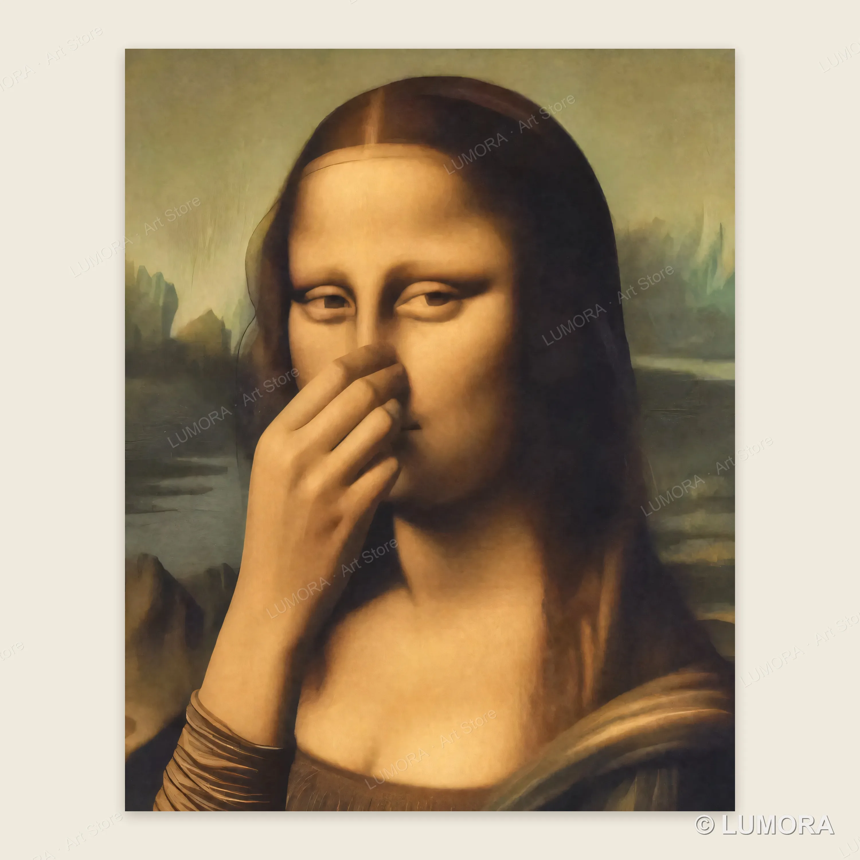 Funny Mona Lisa Canvas Poster Pinching Nose Renaissance Meme Humor Altered Art Print Gift Living Room Wall Decor Unframed