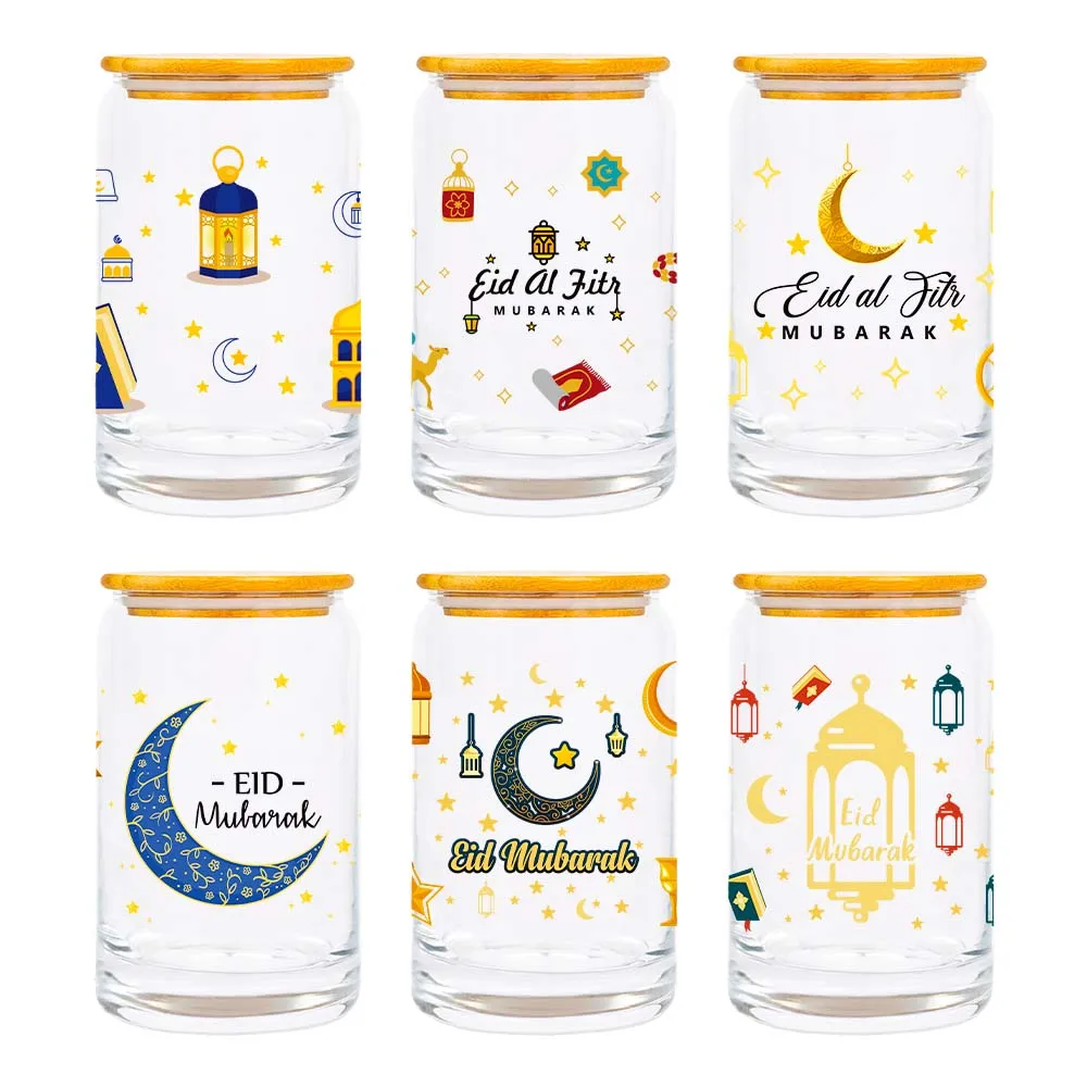 6 sheets Eid Mubarak UV DTF Transfer Sticker Glass Cups Diy Wrap Transfer Sticker Waterproof Sticker for Ramadan Decorations