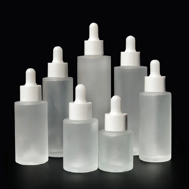 

20ml 30ml 40ml 50ml 60ml 80ml 100ml Frosted & Clear Flat Shoulder Essential Oil Serum Glass Dropper Bottle with White/Black Lid