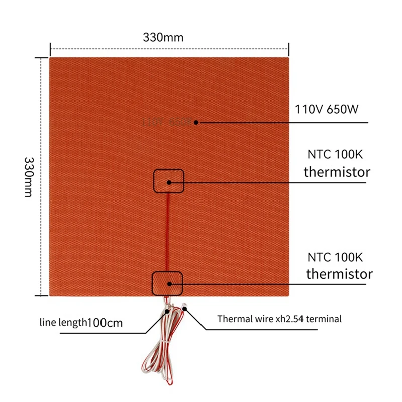 300X300mm 3D Printer Silicone Heater Pad Fiberglass Cloth 3D Printer Heated Bed 3D Printer Heater Pad 650W 100Cm Cable Length