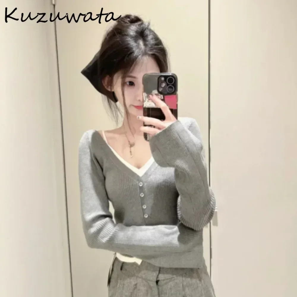 Kuzuwata Sexy V Neck Flare Sleeve Fake Two Pieces Sets Cardigan Knit Sweet Elegant Cotton Women Clothing Japan Stripe New Jumper