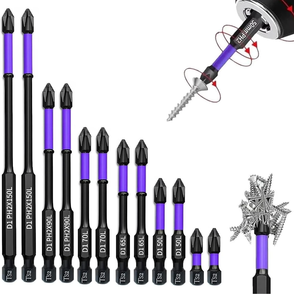 Magnetic D1 Anti-shock Batch Head High Hardness Non-Slip Impact Bits Cross 25/50/65/70/90/150mm Ph2 Screwdriver Set