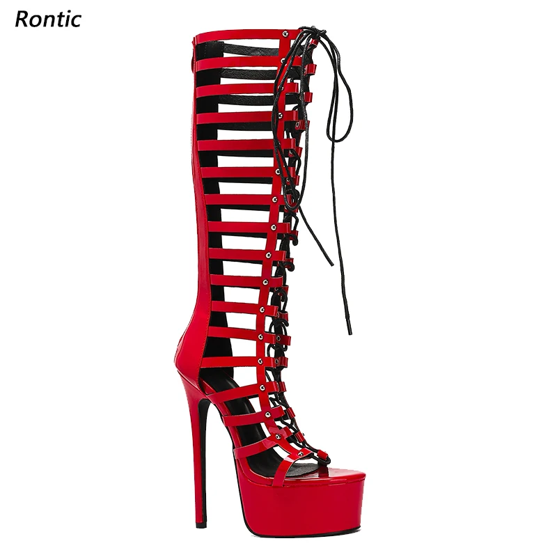 

Rontic Artisan Crafted Women's Red Platform Sandals - Strappy High Heel Gladiator Shoes with Lace-Up Detail Ladies US Size 35-52