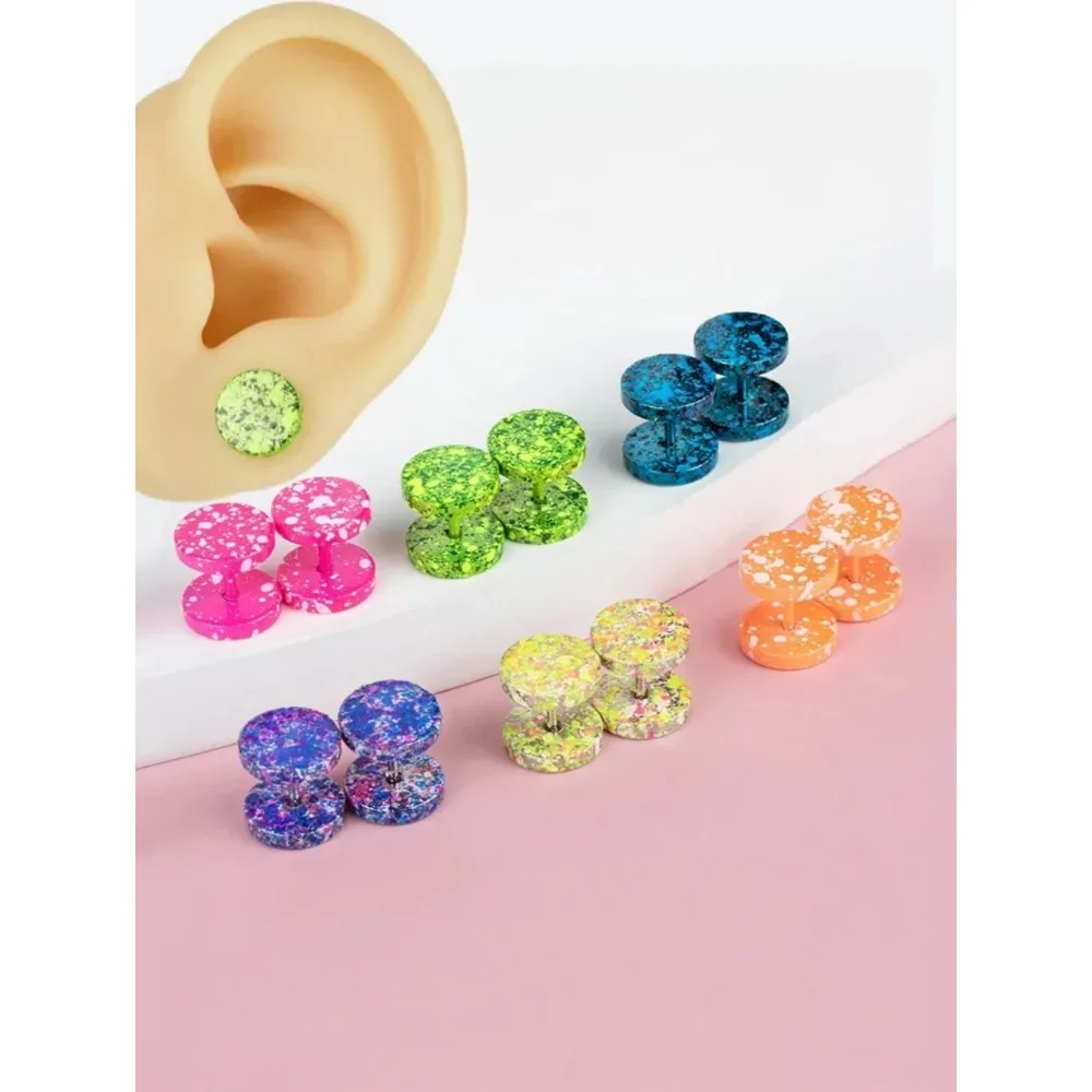 1 Pair of 316L Stainless Steel Fashion 16G Earrings Camouflage Fluorescent Color Round Earrings Piercing Body Jewelry