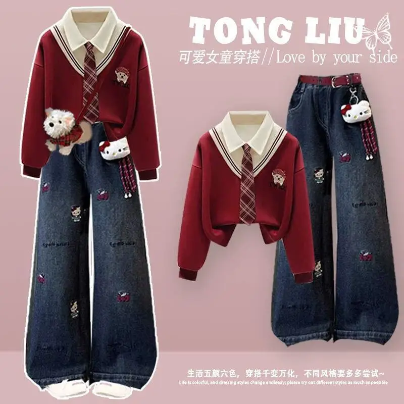 

Sanrio Hello Kitty Large Jeans Two Piece Cartoon Navy Collar Lapel Girls' 2025 Autumn Set Kawaii Y2K Anime Children's Clothing