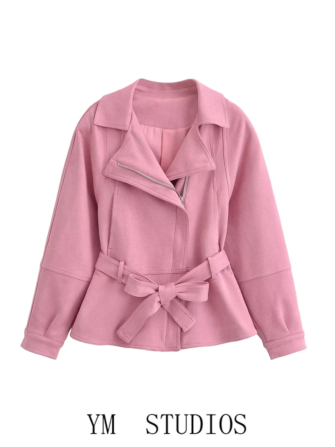 Women's Vintage Hong Kong Style Short Jacket Faux Velvet Texture Belted  Skirt with Slit Business Style Long Sleeve Zipper
