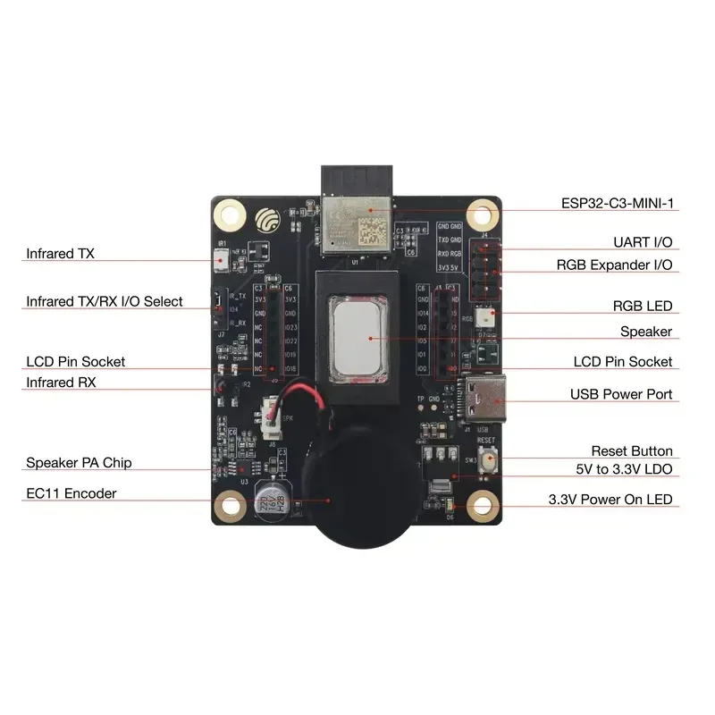 Carte de développement ESP32-C3-LCDkit avec écran LCD SPI de 1,28 pouce, lecture audio, contrôle sans fil IR, fonction GUI, test et évaluation