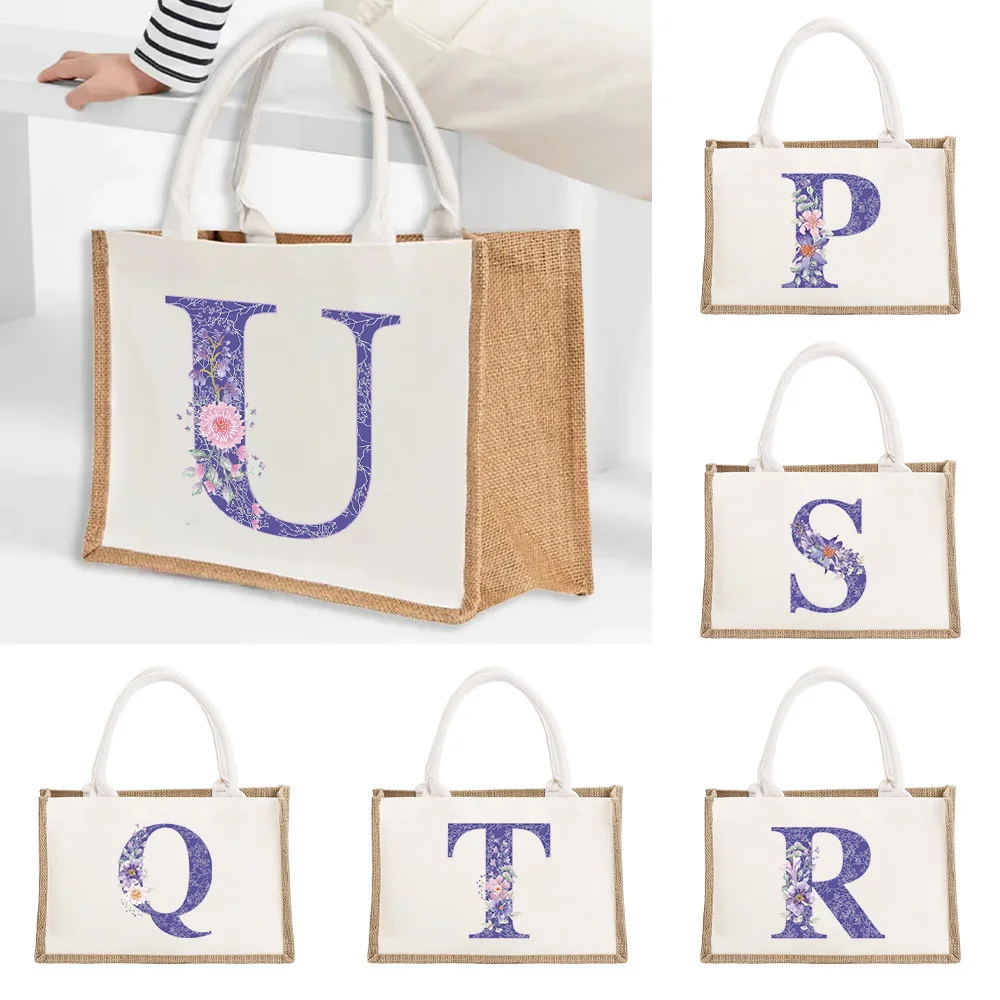 

Tote Bag Reusable Jute Shopping Bag Portable Beach Shoulder Bags Casual Large Capacity Handbag Printing Purple Flower Pattern