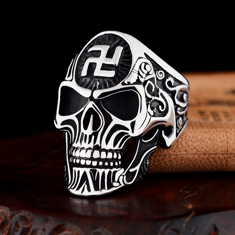 Men Swastika Skull Ring Mf Ghost Punk Doom Symbol Misika Size 14 Stainless Skeleton Big Rings For Svastika Head Of State