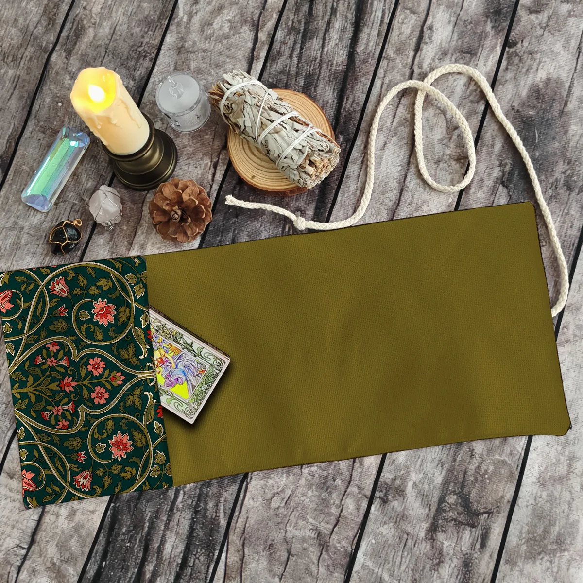 2‑in‑1 Green Vintage Floral Tarot Cloth Tarot Card Holder Pouch Altar Spread Mat Oracle Card Divination Wiccan Witch Supplies
