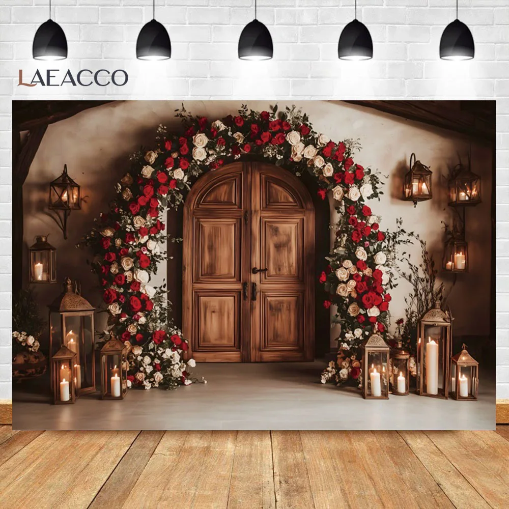 Valentine's Day Photography Backdrops Red Rose Candle Brick Wall Arch Door Wedding Bridal Shower Background Photo Booth Studio