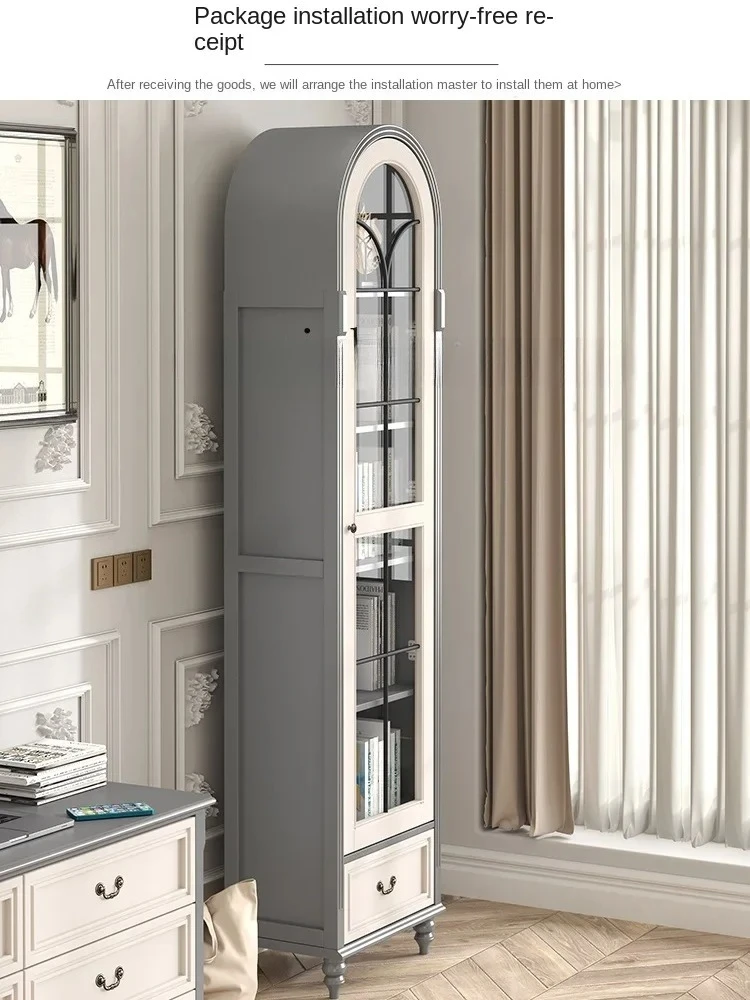 

BXL solid wood American small apartment retro light luxury premium gray single door double door arched bookcase