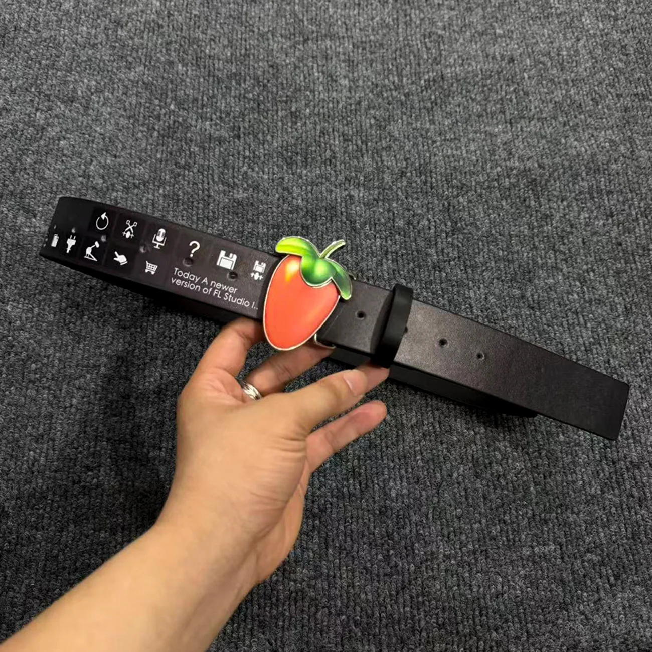 Trendy Strawberry Fruit Buckle PU Belt Cinturon Music Text Print Unisex Decorative Waist Belt For Jeans Casual Daily Wear
