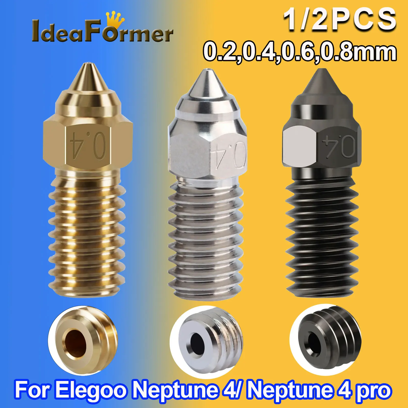 1/2 pcs For ELEGOO Neptune 4 Nozzle Hardened/Stainless Steel/Brass High-Speed Nozzle For Elegoo Neptune 4 Pro 1.75m Nozzles