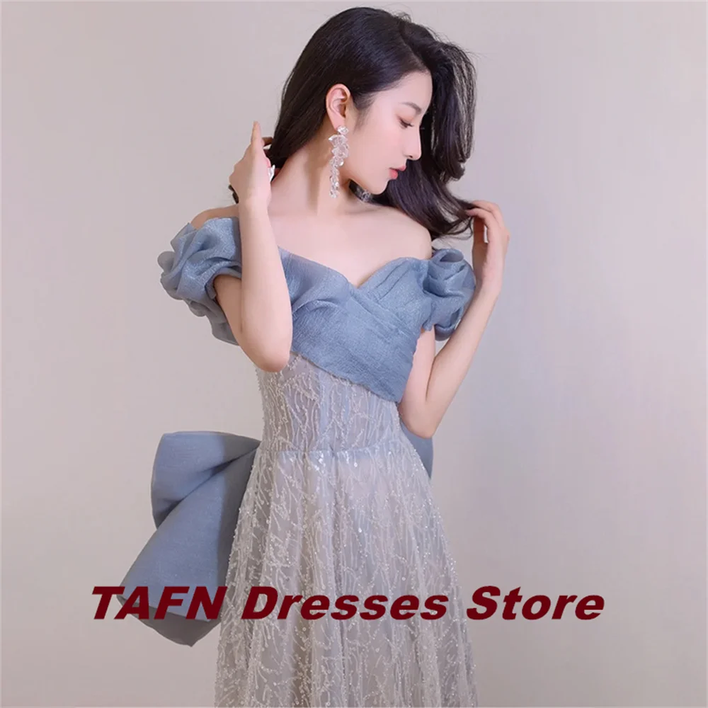 TAFN Korea Reception Dresses Contrast Color Off the Shoulder Pleat Bridal Gown Big Bow Lace-up Elegant Wedding Dresses