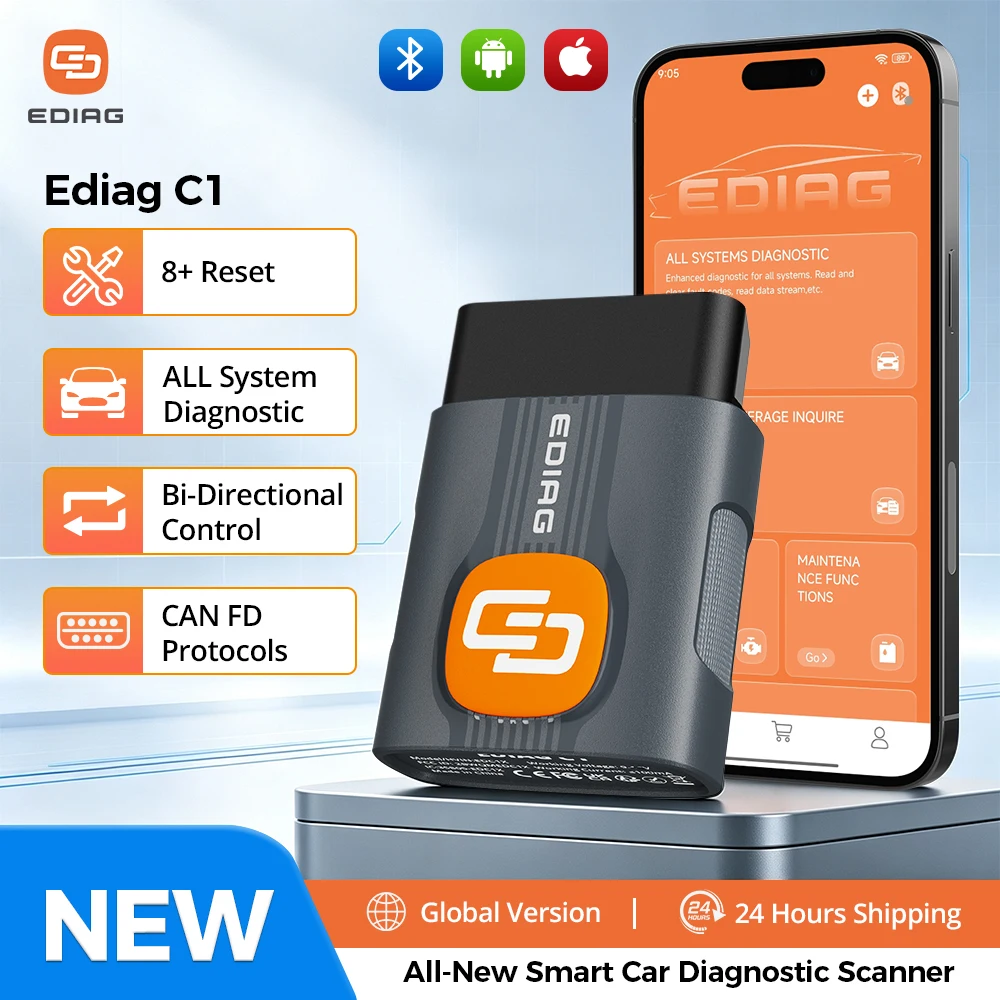 EDIAG C1 AI-Assisted Automotive Diagnostic Tool OBD2 Scanner CAN FD Bi-Directional Control All System Diagnostic Tool, Bidirectional Scan Tool 8+ Hot Resets Service, CANFD, FCA AutoAuth ABS SRS Transmission 1 Year Free Update