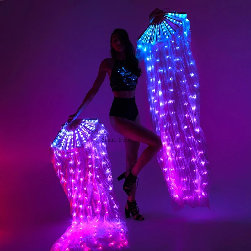 LED a colori danza del ventre ventaglio di seta velo accessori per spettacoli teatrali ventagli lumineosi per matrimoni feste danzanti