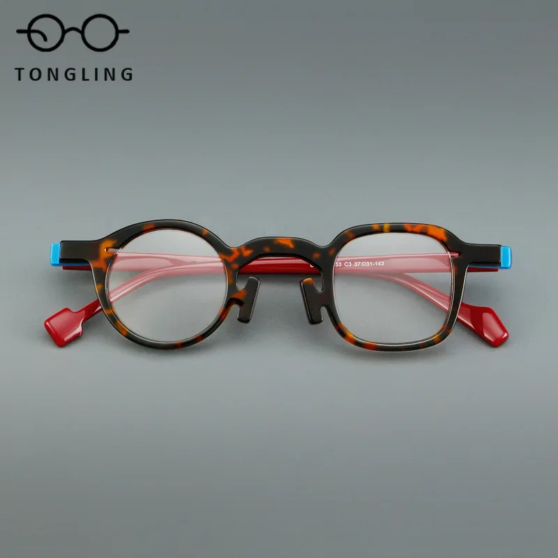 TopNotch Fashionable Women HighEnd Handcrafted High-Quality Acetate Retro Men Artistic Individual Color-Block Oval Glasses Frame