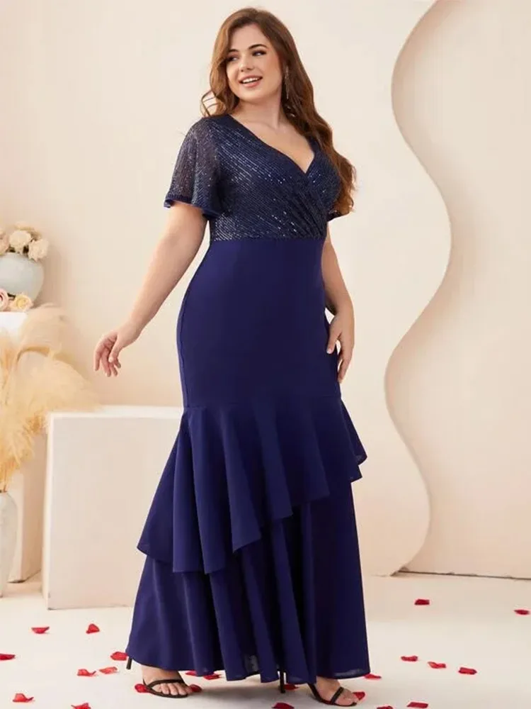 Plus Size V Neck Blue Banquet Prom Short Sleeve Evening Dress 4XL 5XL Big Size Banquet Bridesmaid Shiny Prom Gown