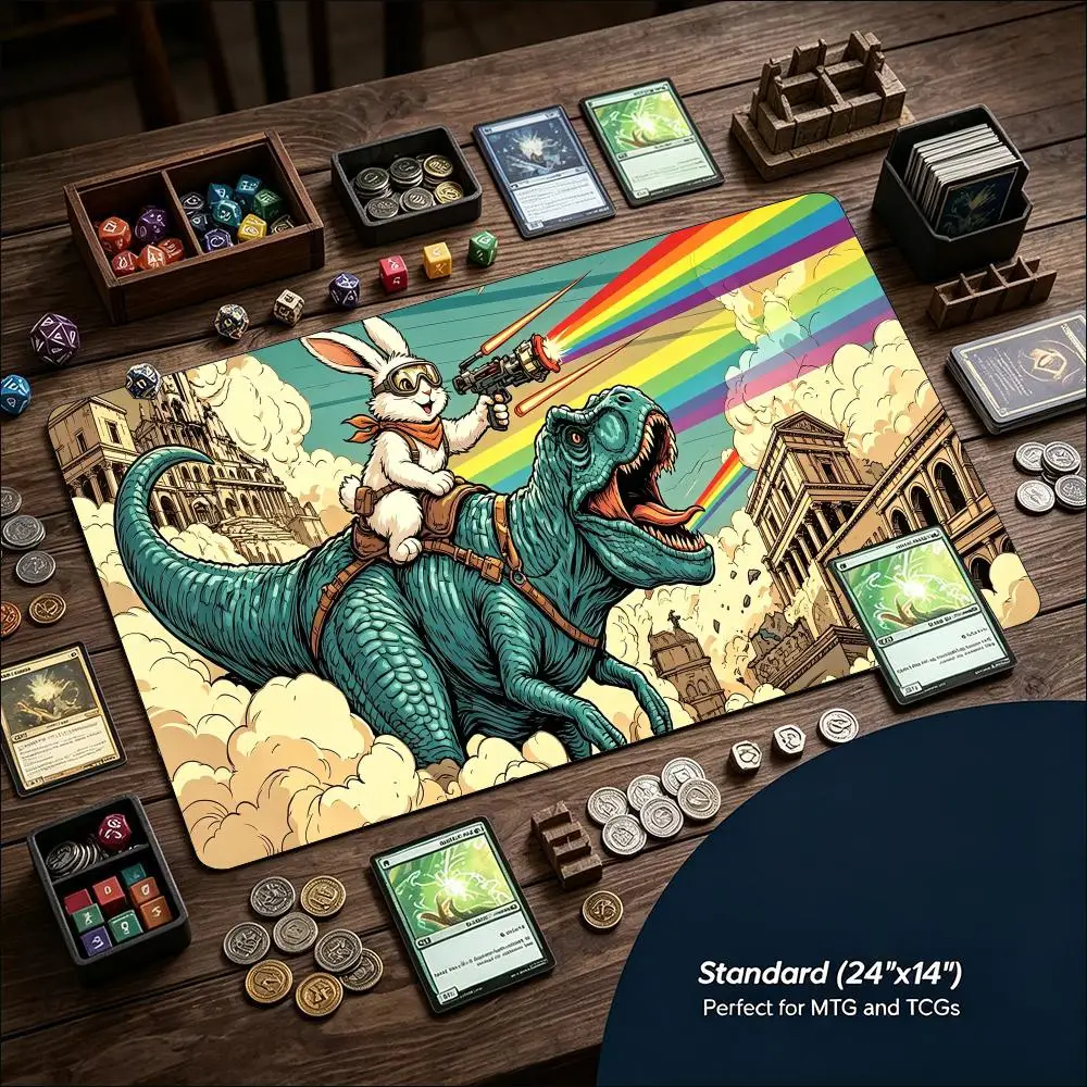 Extra Large Playmat FunnyCat Dinosaur Rainbow Print Stitched Border Anti‑Slip Rubber Mat For Board Game Gaming Home Office Table