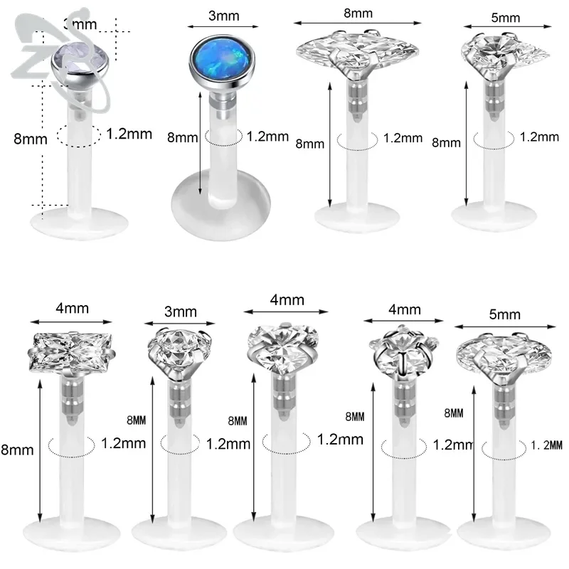 ZS-Clear Crystal Lip Labret Piercing Set, Monroe Lip Stud, Estrela, Tragus Coração Orelha, Hélice Cartilagem Piercings, 16G, 5pcs por lote