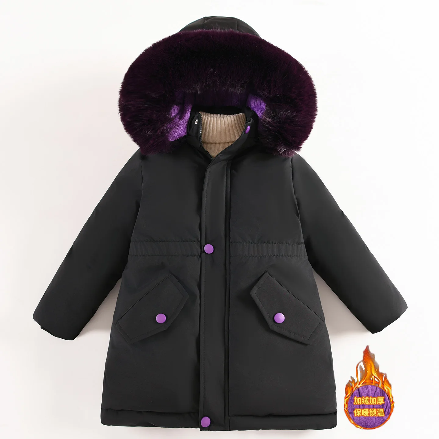 Little Girls Winter Thick Puffer Jacket Parkas Faux Fur Hooded Fleece Lined Padded Mid-Length Coat Windproof Warm Outerwear